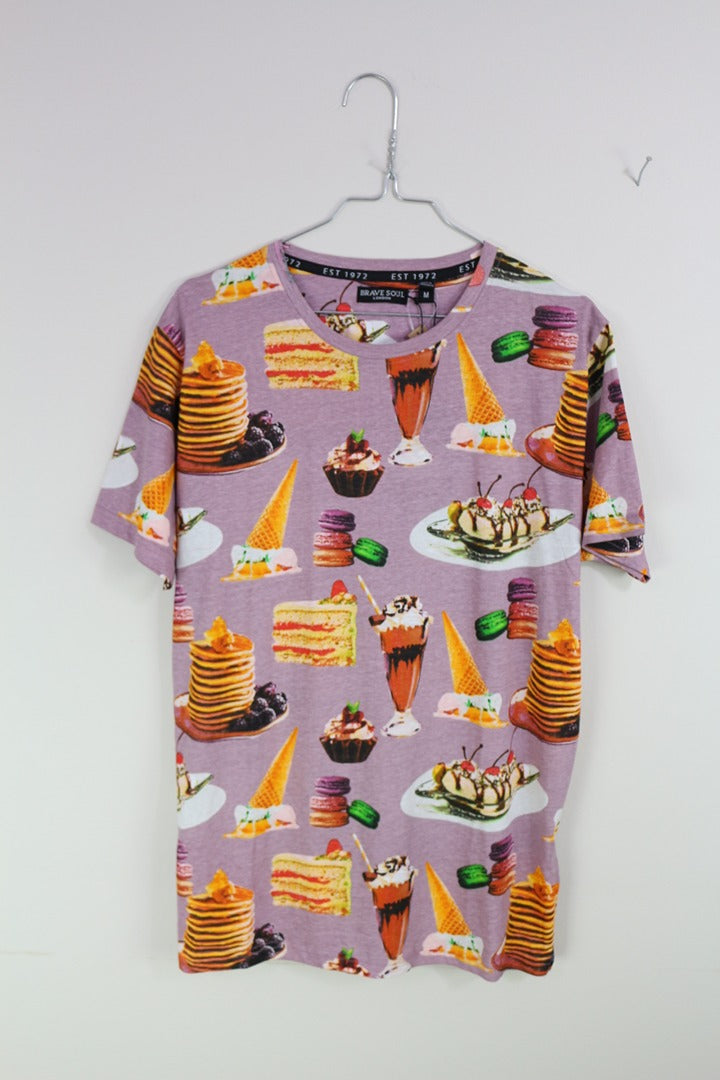 T-shirt Brave Soul imprimé gâteaux violet M neuf avec étiquette