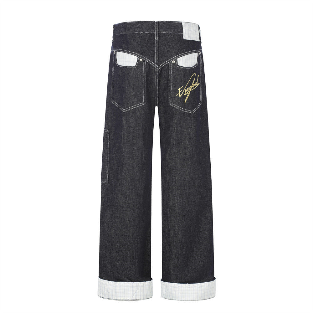 Men's Unique Design Plaid Patchwork Color Block Cuffed Irregular Diagonal Button Straight Leg Denim Jeans