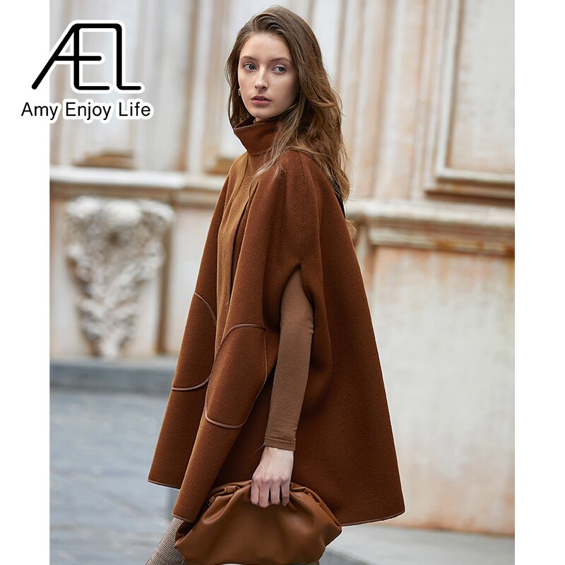 Cape poncho en laine, longue et ample, auburn 6