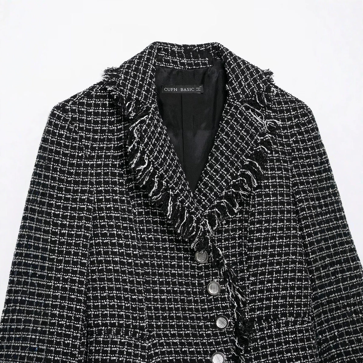 Blazer à col montant, bords effilochés et boutons, pour femme, noir 4