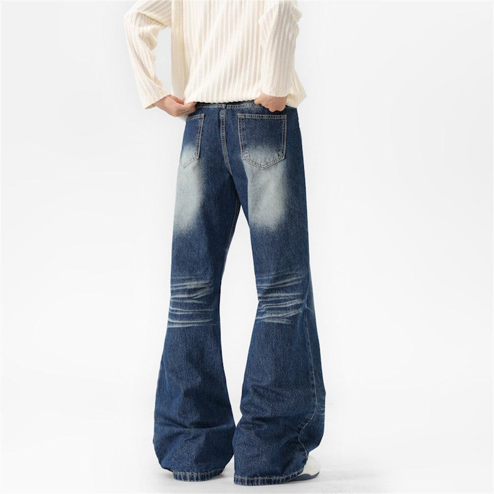 Pantalon évasé en denim délavé pour homme, rivets vintage et jambes larges plissées 13