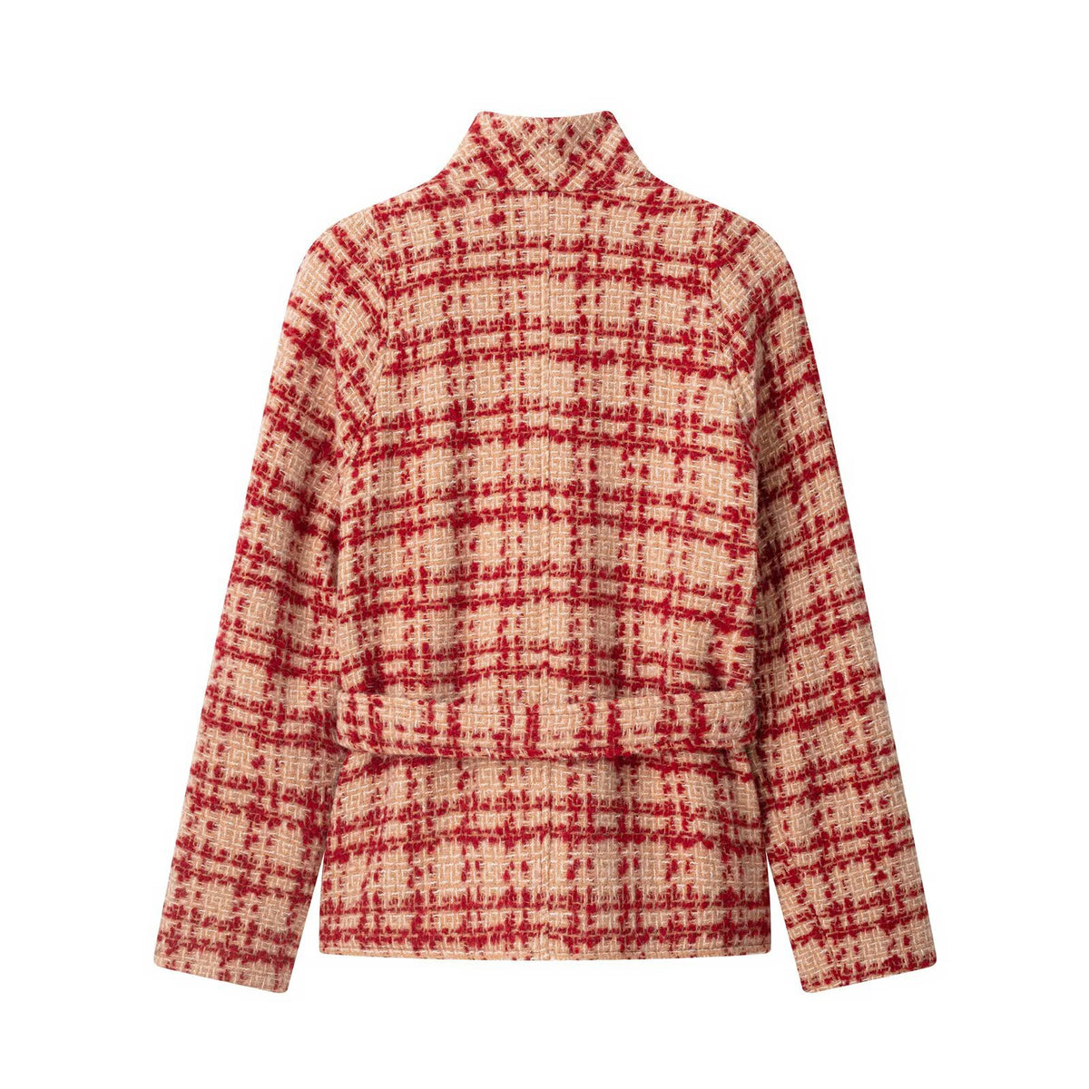 Veste croisée à carreaux rouges avec ceinture, col V 2