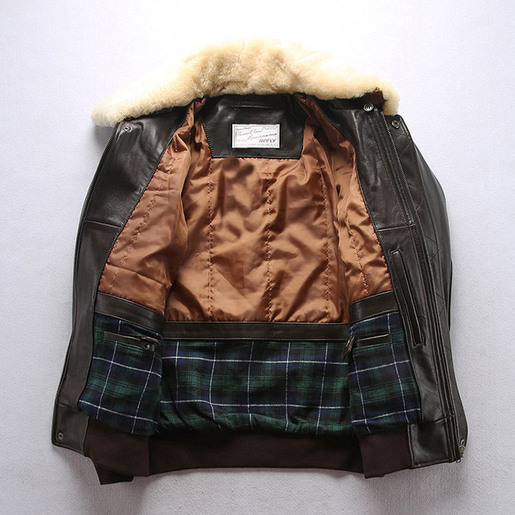Blouson aviateur en cuir de mouton, col en laine amovible, noir ou marron