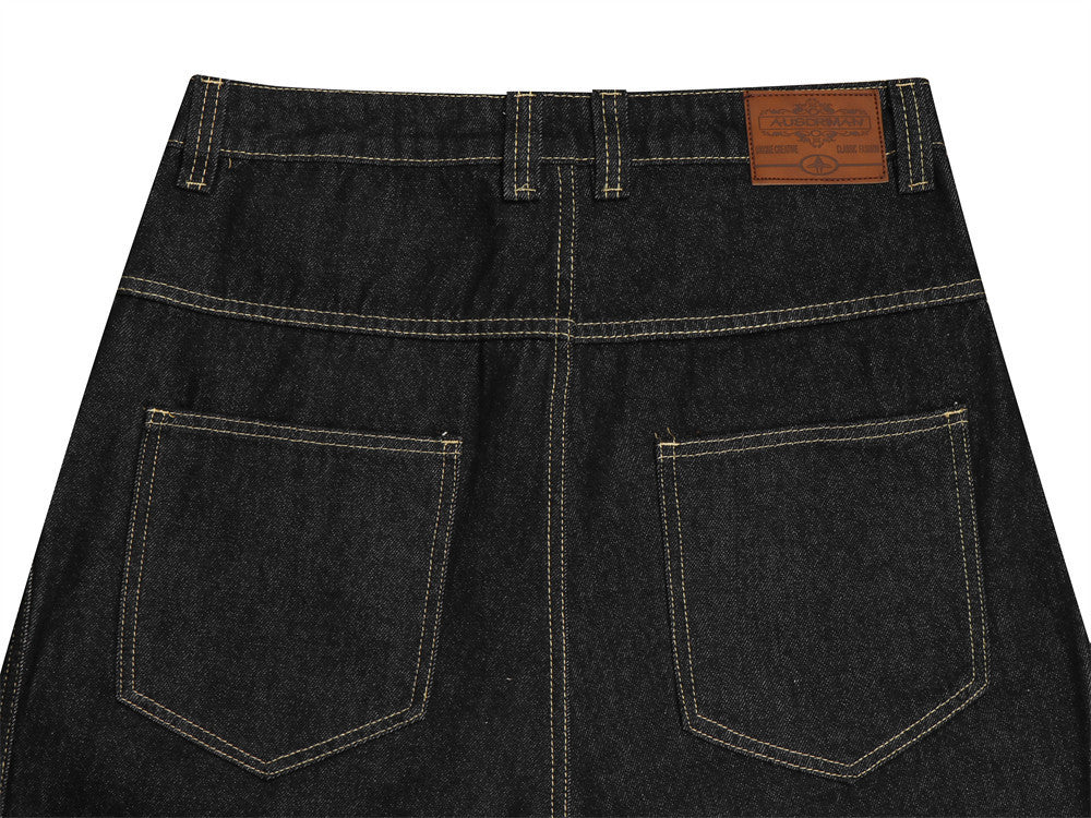 Pantalon carotte en denim brut déstructuré pour homme, empiècements en biais et coutures contrastées 15