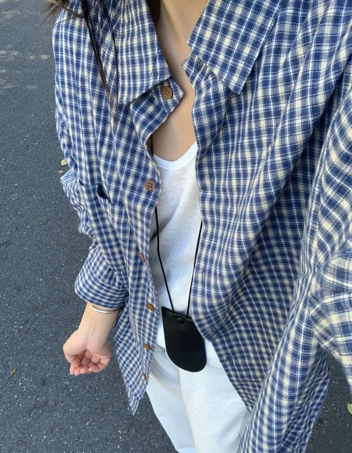 Chemise à carreaux bleus à manches longues, coupe ample, pour femme 7