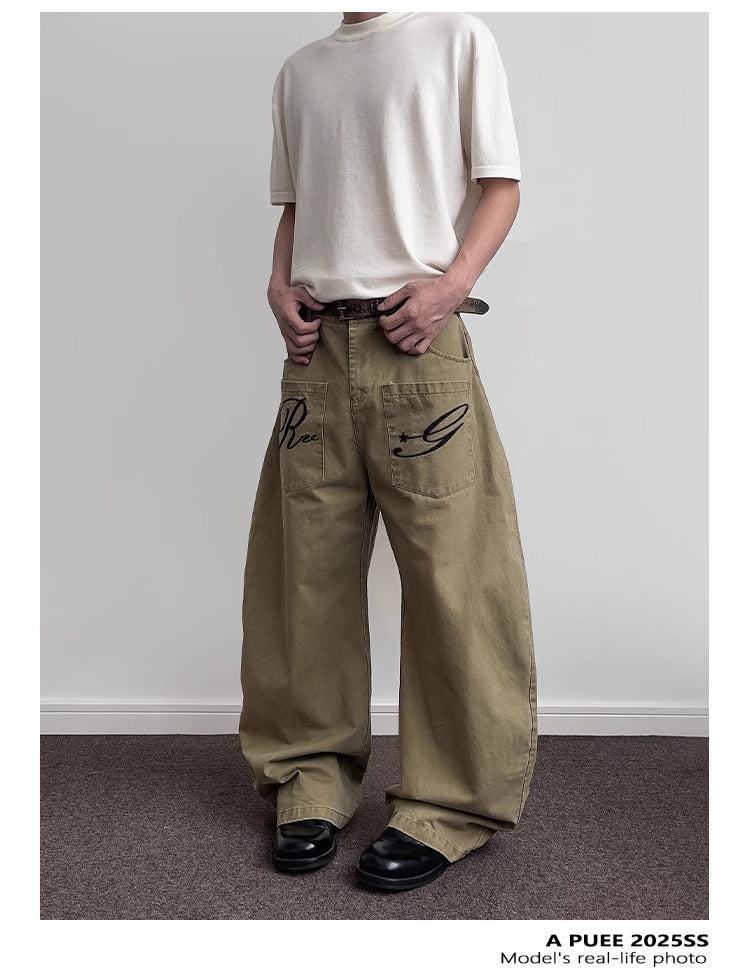 Pantalon cargo en denim rétro brodé de lettres pour homme, coupe droite déstructurée légèrement évasée 13
