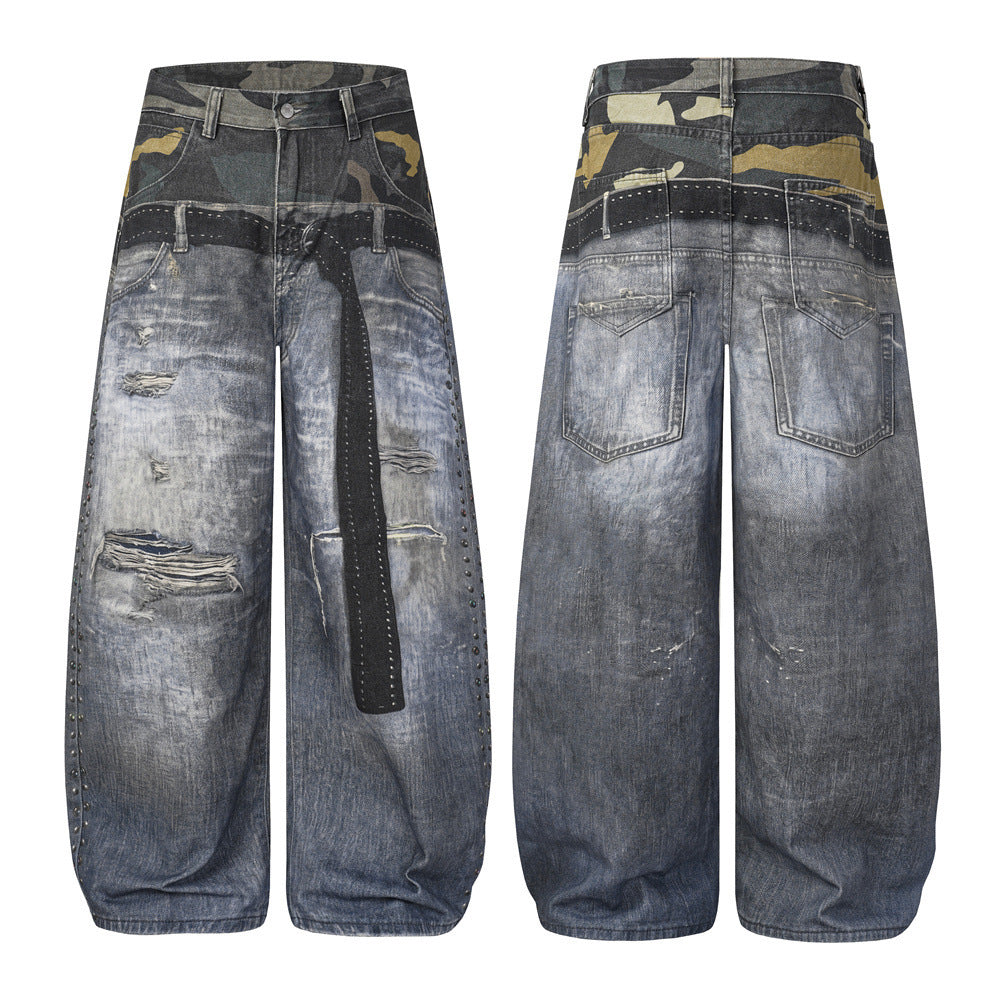Jean large pour homme imprimé 3D effet usé, style Wasteland, denim déchiré streetwear 8