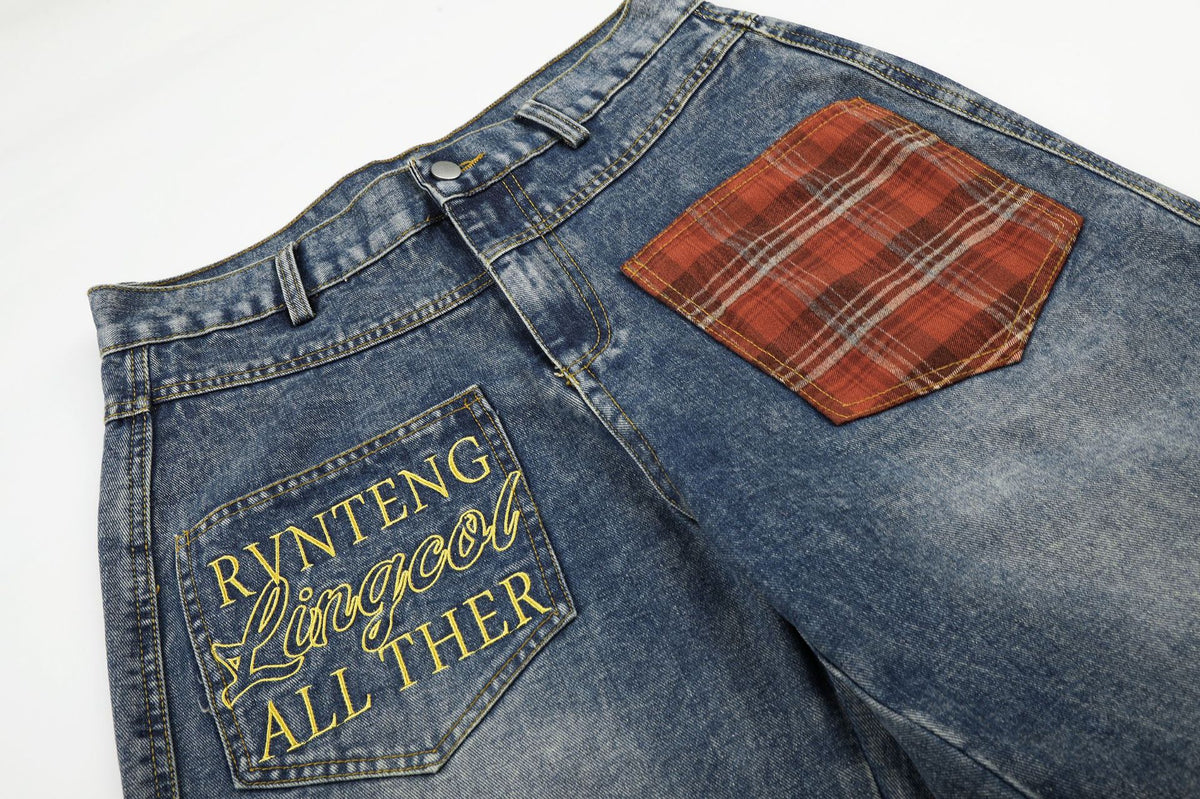 Jean unisexe doublé polaire, patchwork à carreaux, broderie lettres et jambes larges 13