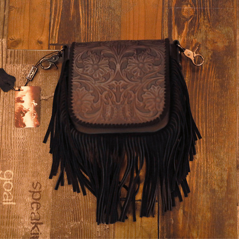 Petit sac carré en cuir de vache à rabat et glands, bandoulière réglable 4