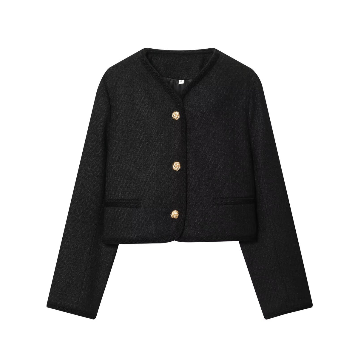 Manteau court style tailleur à col rond, bordures duveteuses et boutonnage simple, pour femme 5