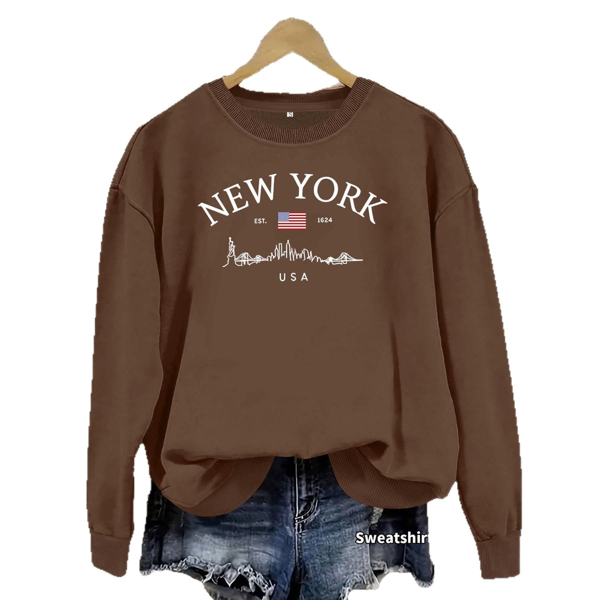Sweat ample imprimé à col rond et manches lanternes, style urbain décontracté, pour femme, 7 coloris 6