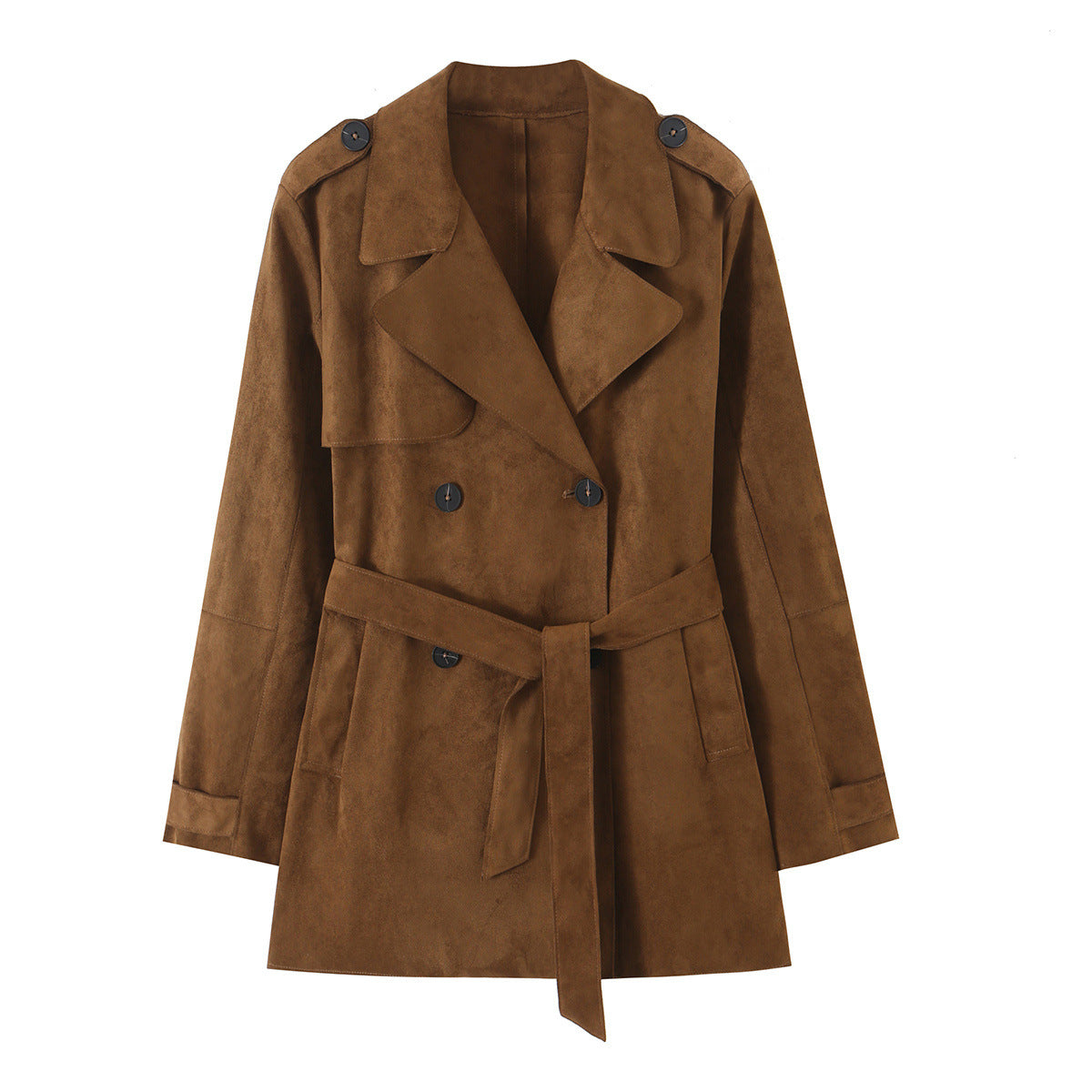Trench long effet daim marron, revers et double boutonnage