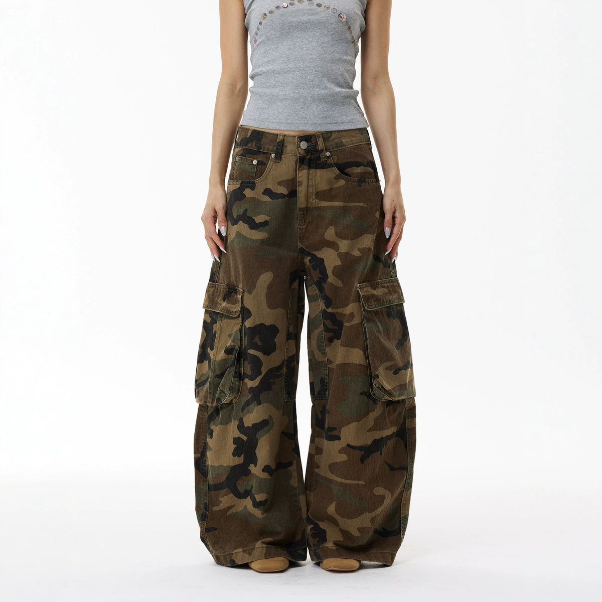 Pantalon cargo camouflage délavé vintage pour homme, jean large à poches, style street 6