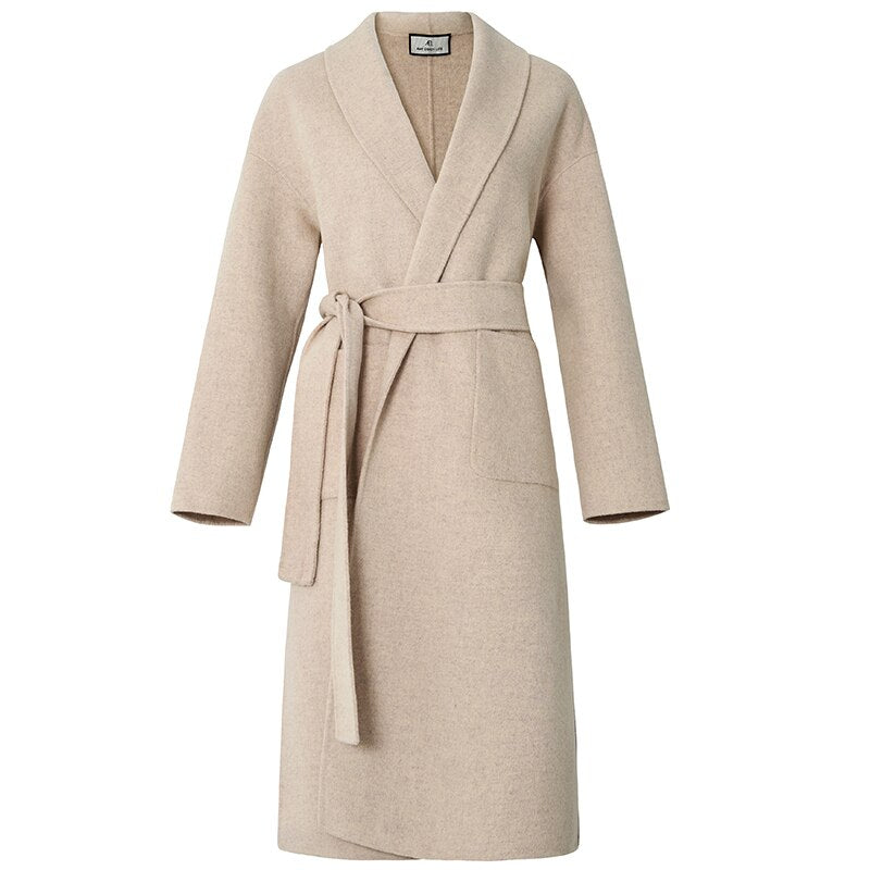 Manteau mi-long en laine à lacets et poches, beige 6