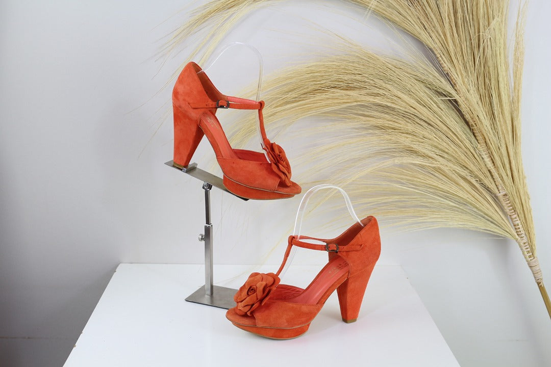 Sandales talons André orange fleur 38 vintage chic