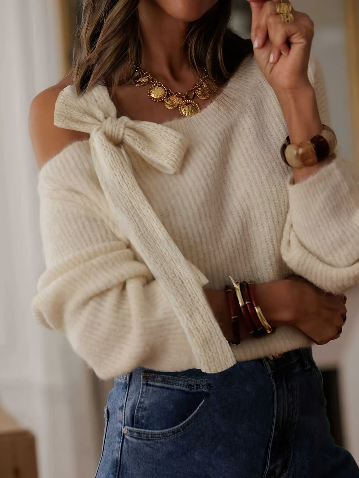 Haut maille douce épaules dénudées manches longues femme abricot – photo 6 – Frippin'Dealz
