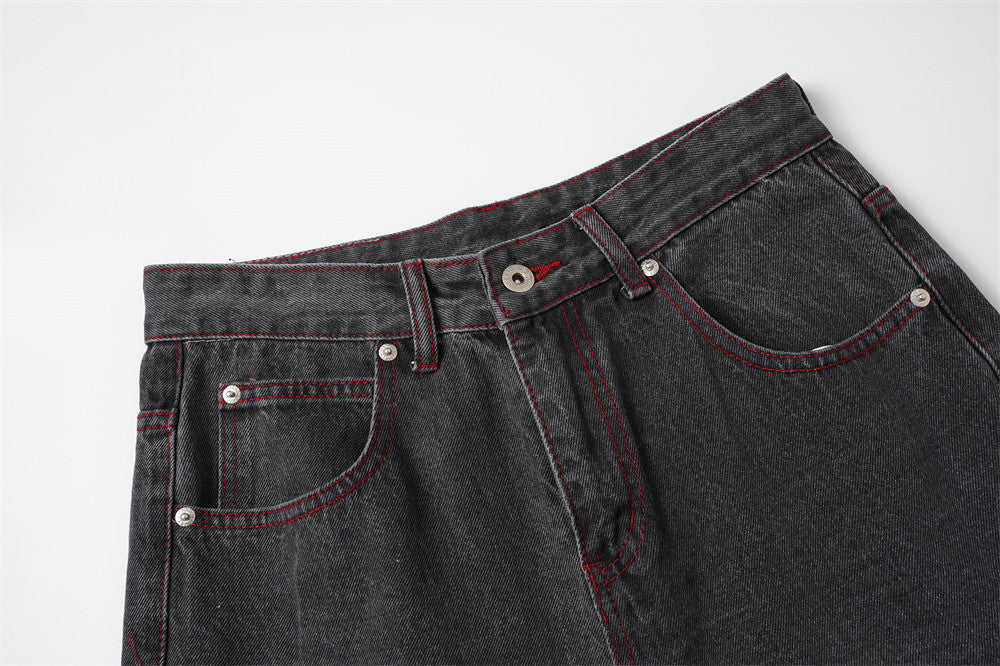 Jean droit délavé effet usé pour homme, imprimé ailes, style street 11