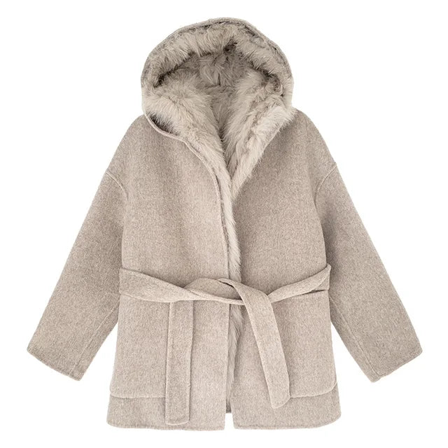 Manteau en laine à capuche et ceinture, coupe ample, uni, pour femme, café