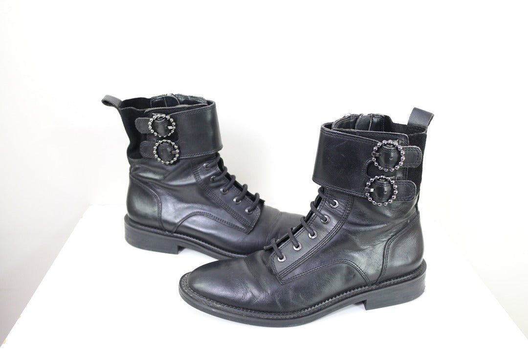 Bottes motardes Zara cuir noir boucles strass grunge rock 38