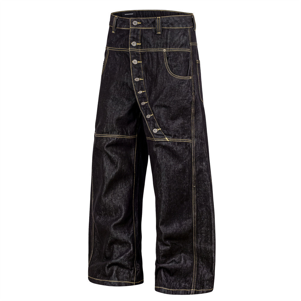 Pantalon carotte en denim brut déstructuré pour homme, empiècements en biais et coutures contrastées 9