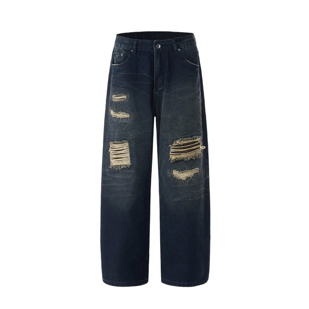 Jean streetwear pour homme avec patchs usés, coupe ample droite délavée style grunge 10
