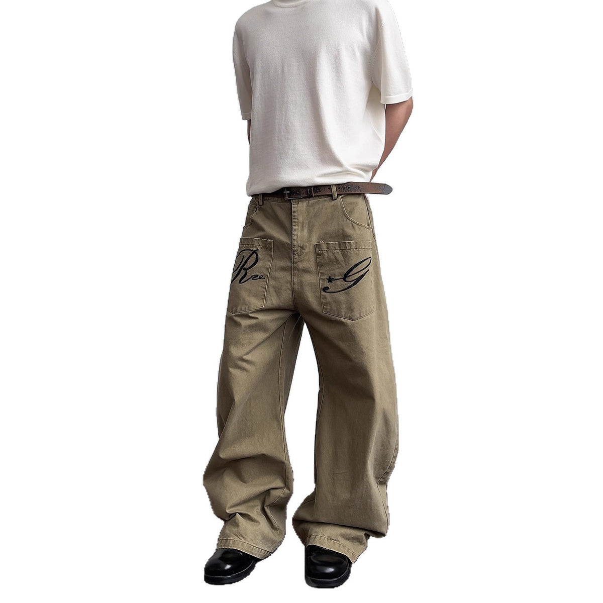 Pantalon cargo en denim rétro brodé de lettres pour homme, coupe droite déstructurée légèrement évasée 6