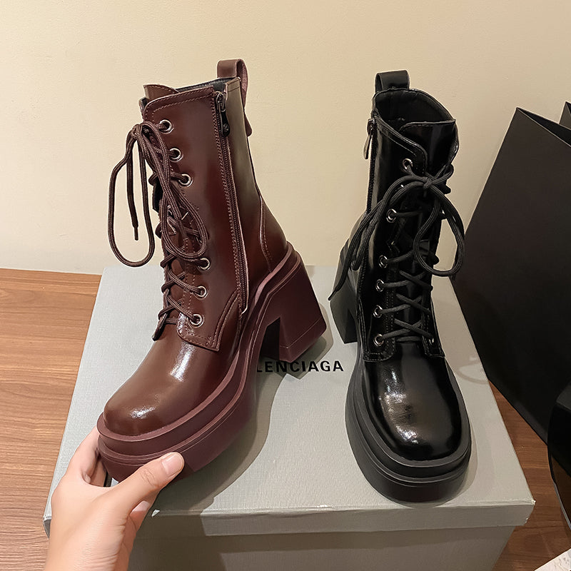 Bottines à plateforme et talon épais en cuir de vache pour femme, marron ou noir 6