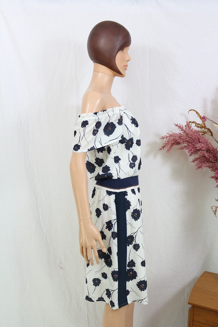 Robe midi Marie Méro blanc bleu motif floral col bateau T36 6