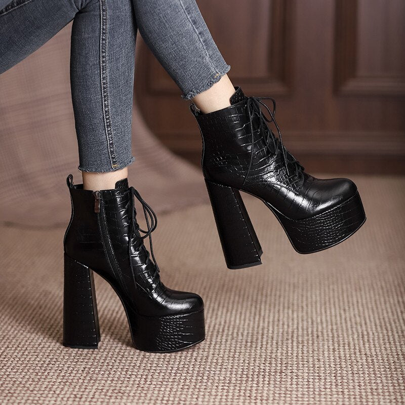Bottines en cuir à talon haut de 14,5 cm et plateforme, lacets croisés, pour femme 7