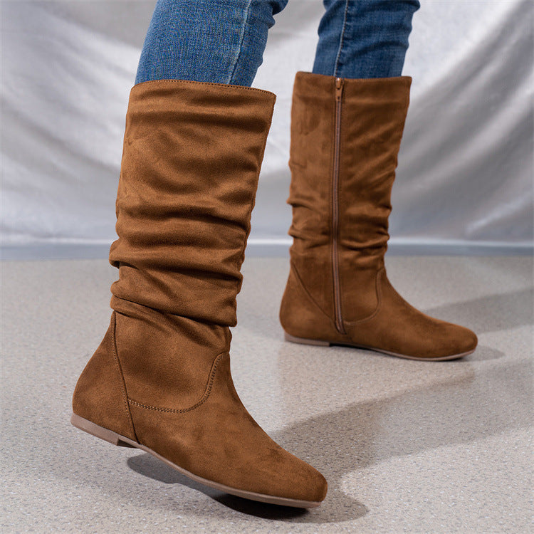 Bottes mi-mollet plates à tige plissée aspect daim – photo 4 – Frippin'Dealz