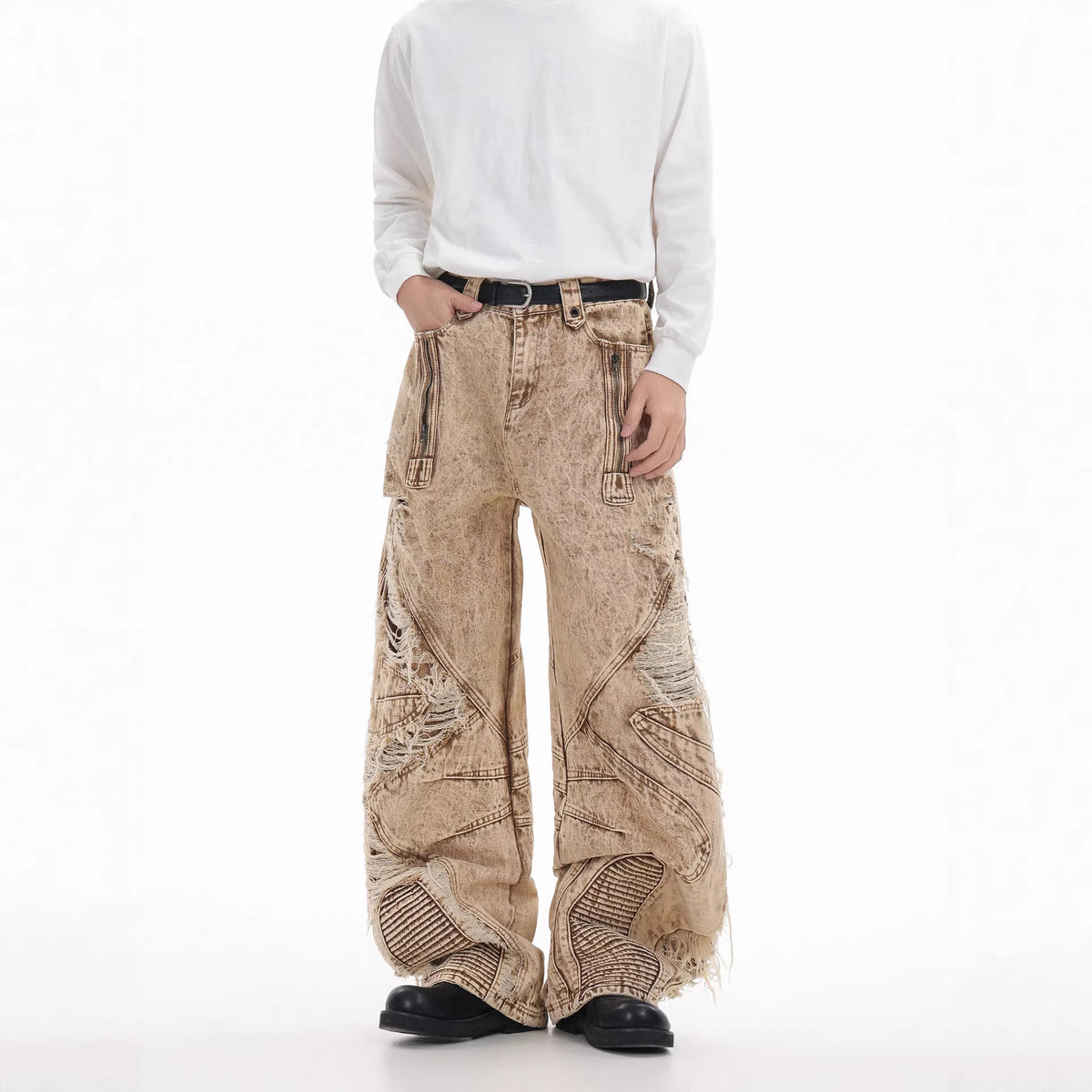Pantalon en denim épais abricot à plis pour homme, coupe droite street 3