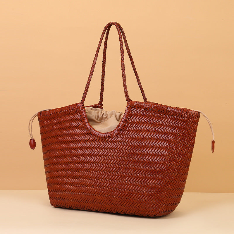 Grand sac cabas tissé en cuir véritable, fermoir magnétique, 6 coloris 1