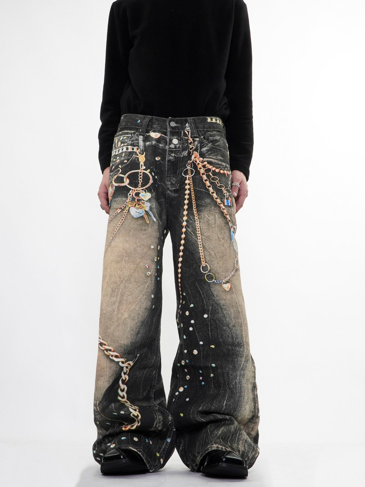 Pantalon en denim épais imprimé streetwear avec chaîne, coupe droite, unisexe 9