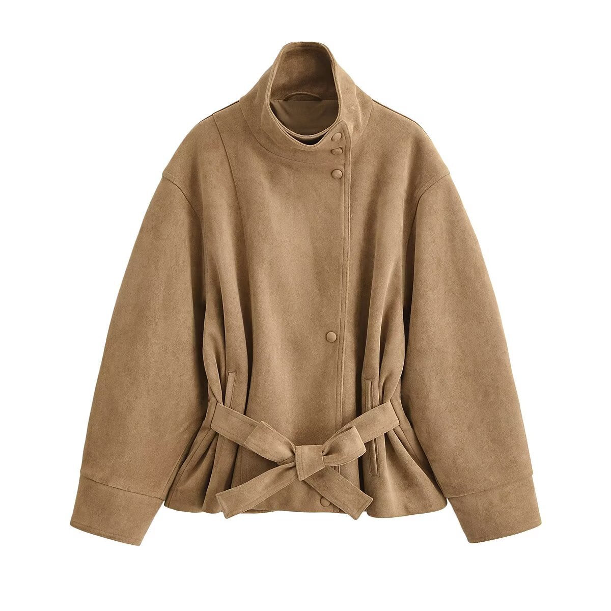 Veste courte effet daim à col montant, boutonnage simple et poches, coupe ajustée, pour femme