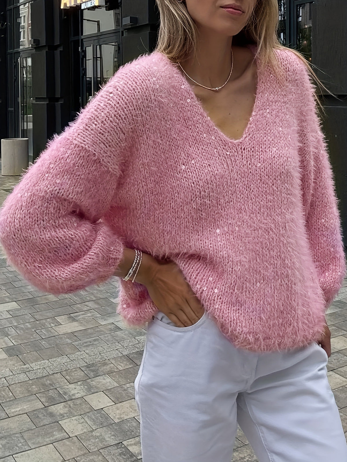 Pull col V maille lurex manches longues femme rose – photo 7 – Frippin'Dealz