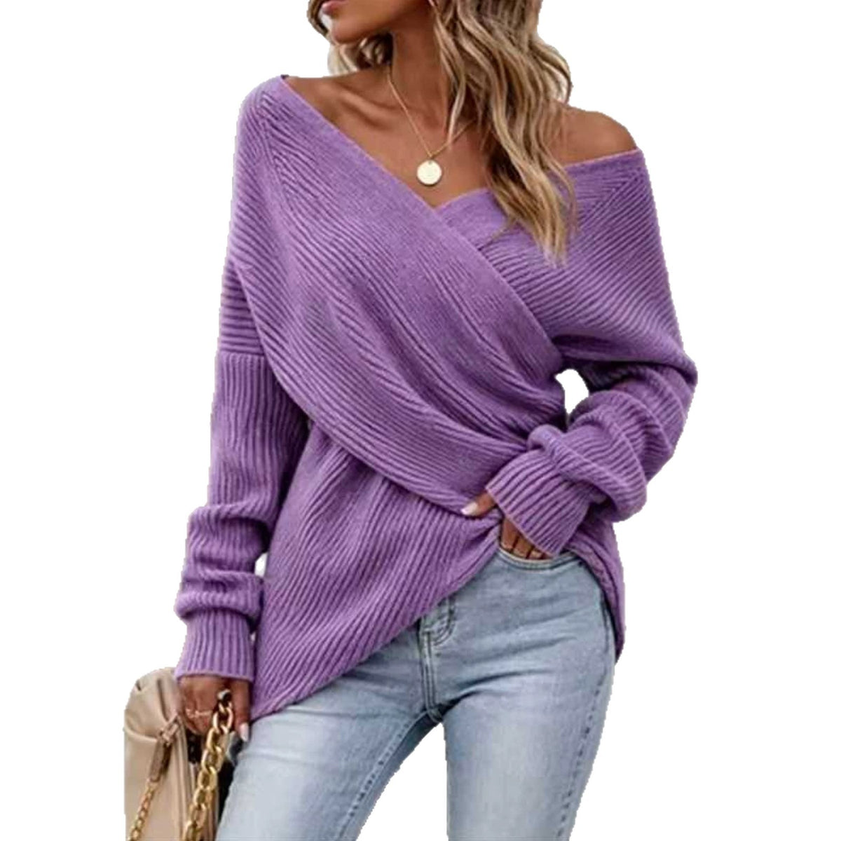 Pull en maille col V mi-long, coupe décontractée, 6 coloris
