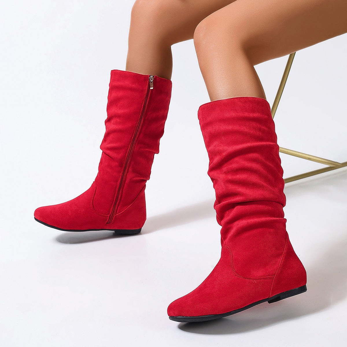 Bottes mi-mollet plates à tige plissée aspect daim – photo 8 – Frippin'Dealz