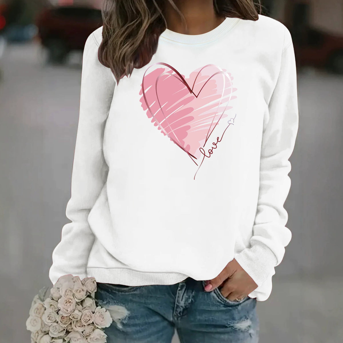 Sweat-shirt épais à col rond, manches lanternes, impression thermique, coupe ample, pour femme, 7 coloris 4