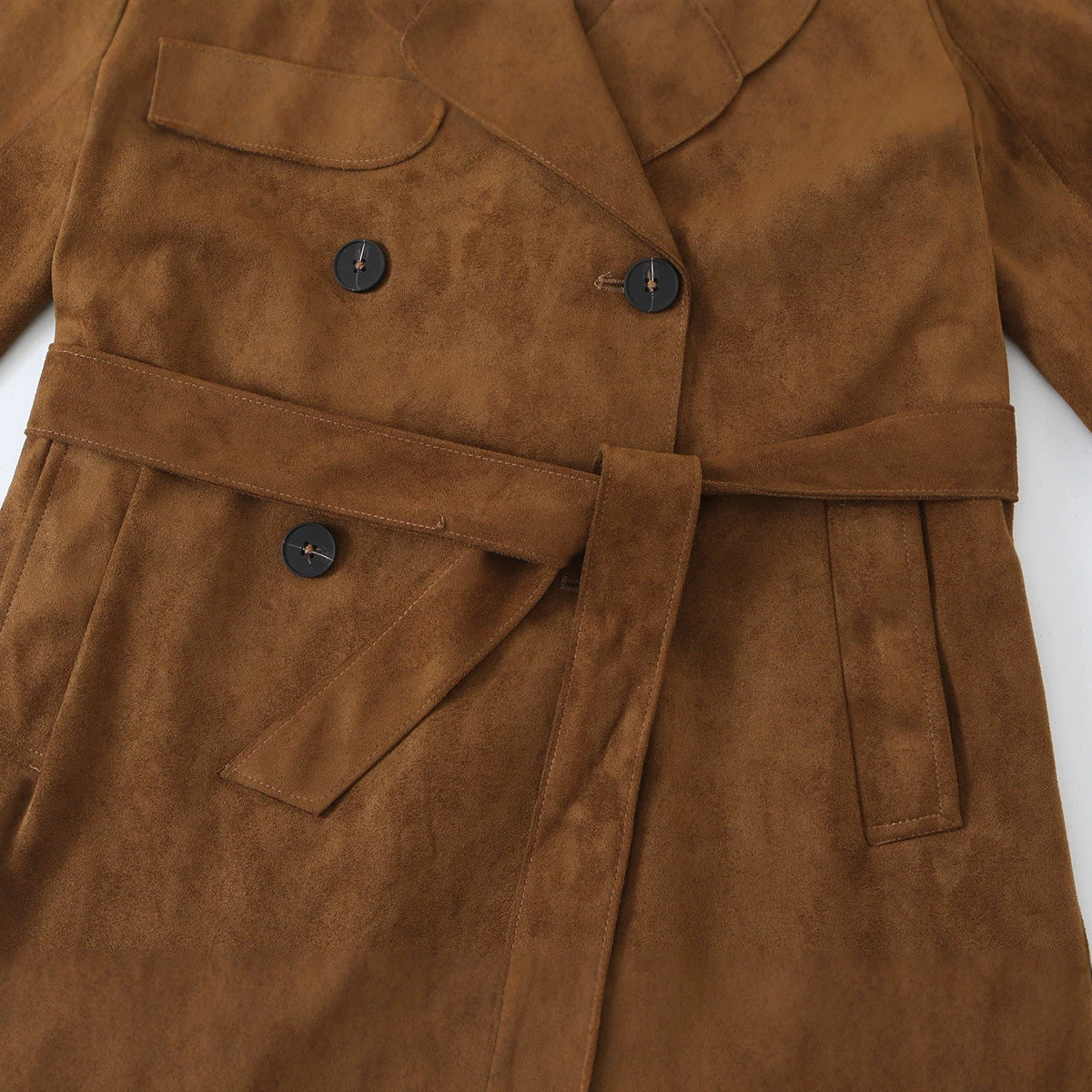 Trench long effet daim marron, revers et double boutonnage 4