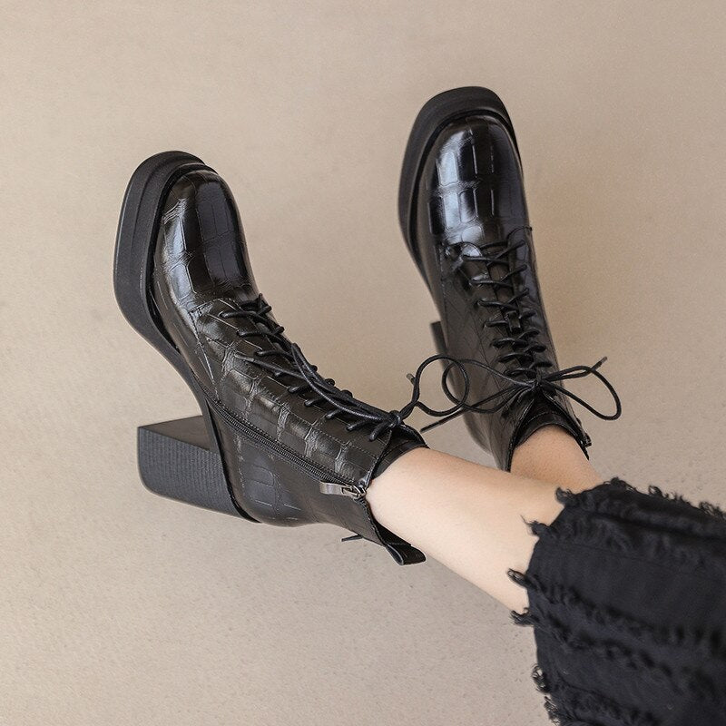 Bottines rétro en cuir à plateforme et talon épais pour femme, style bureau 7