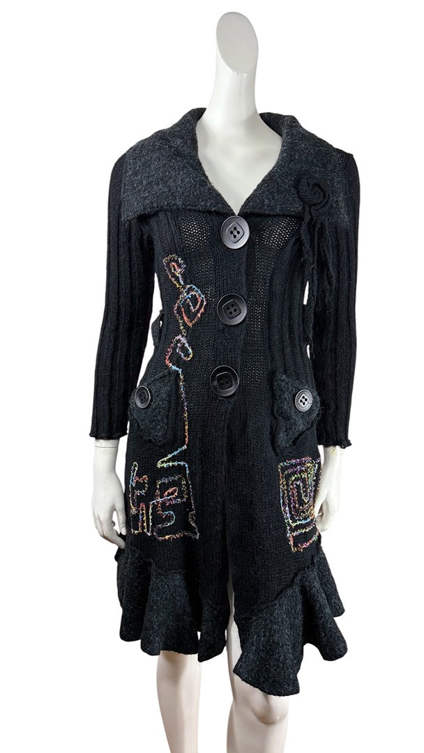 Cardigan long Grifflin Paris noir motif brodé vintage chic S 38