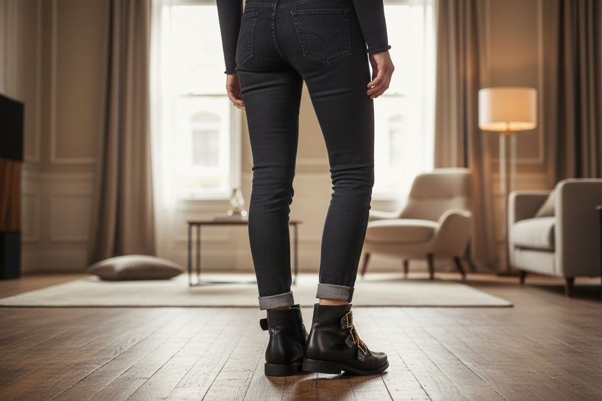 Bottines Betty London en cuir noir avec brides cloutées dorées portées avec un jean slim dans un salon