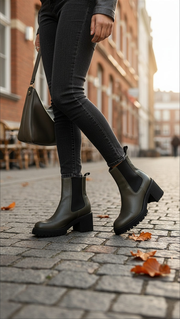 Bottines Chelsea Minelli vert kaki cuir semelle crantée 38 vintage