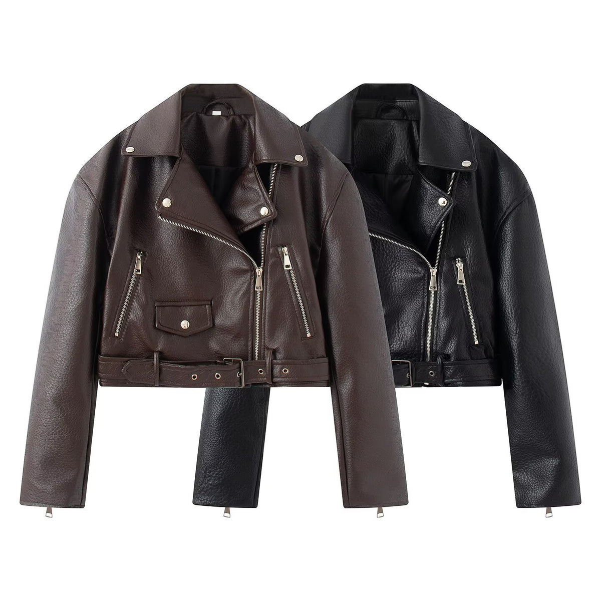 Veste de motard courte en simili cuir, col rabattu, double boutonnage et zip, pour femme