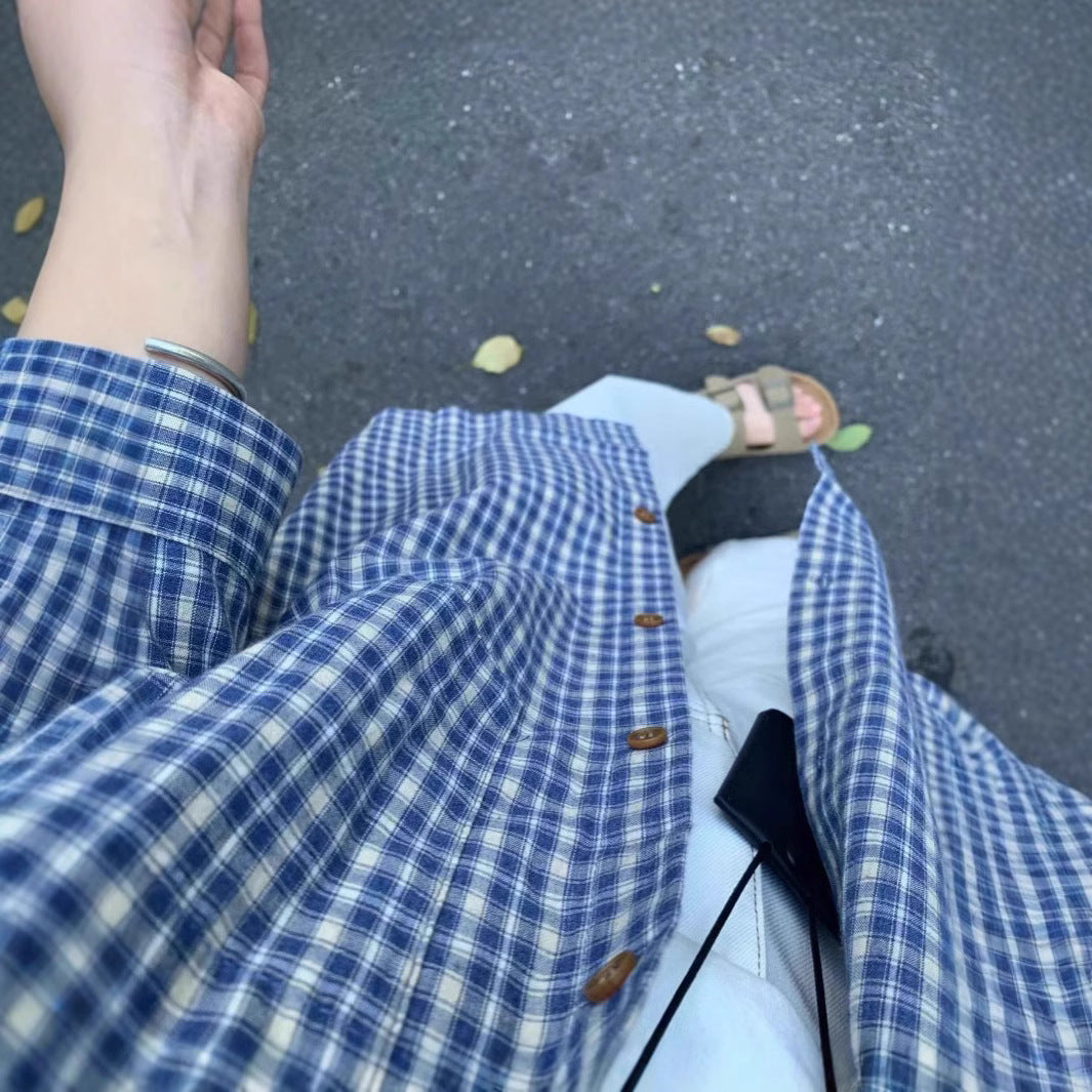 Chemise à carreaux bleus à manches longues, coupe ample, pour femme 4