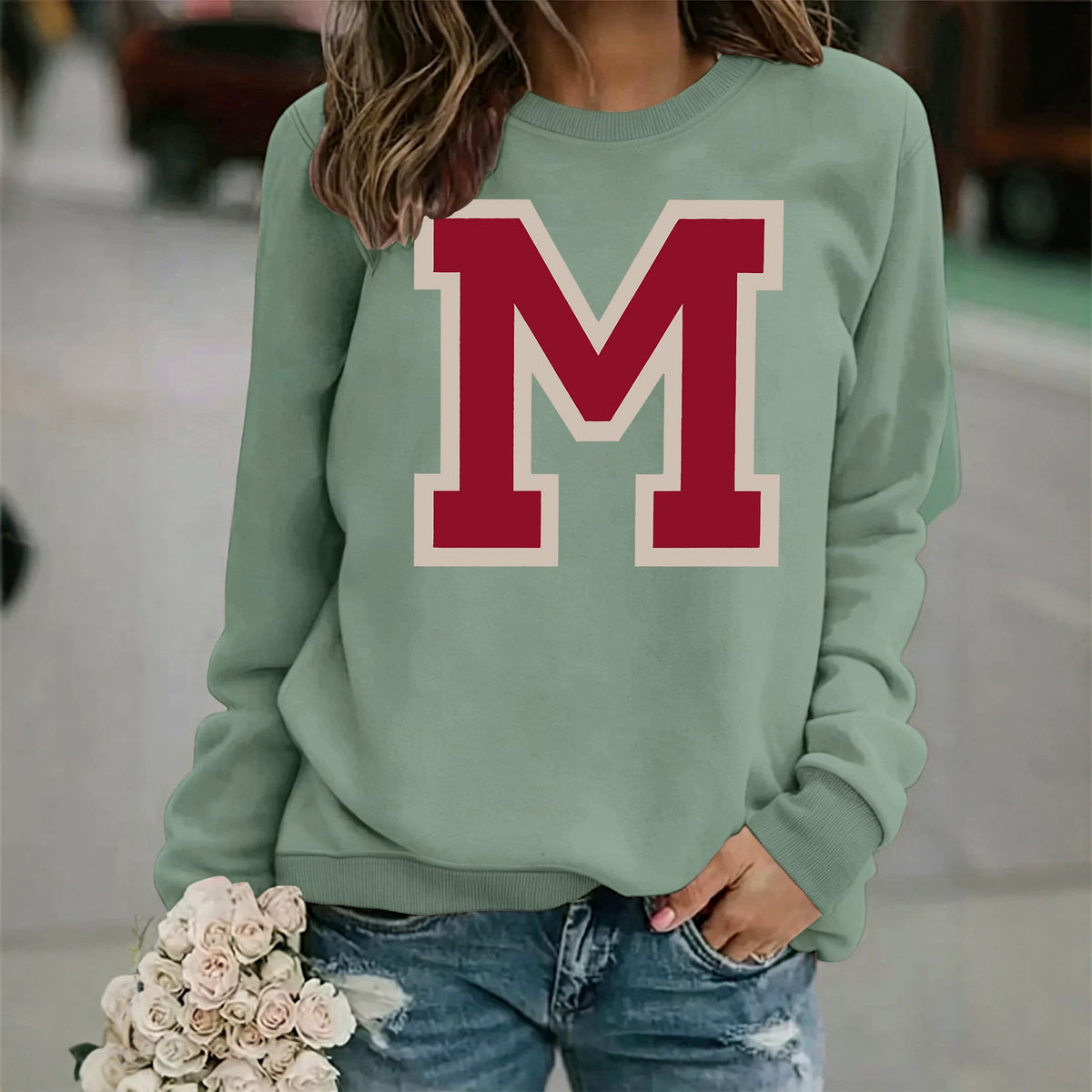 Sweat ample à col rond, imprimé, manches lanternes, style casual, longueur standard, pour femme, 7 coloris 3