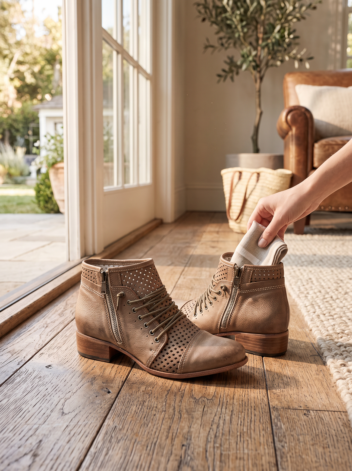 Boots Eva Gatti cuir taupe ajouré boho chic 38