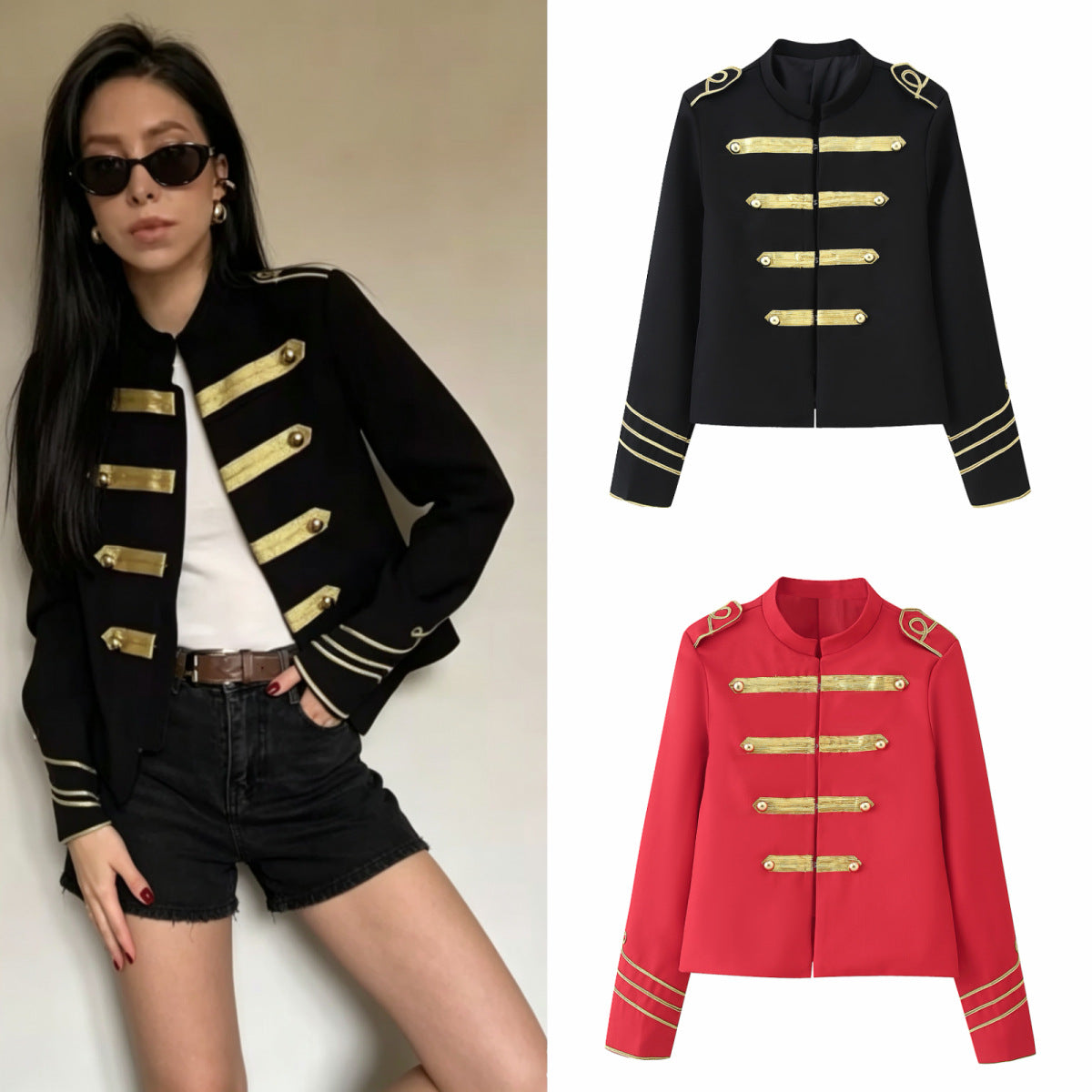 Veste rétro à col montant et double boutonnage doré, pour femme, noire ou rouge 3