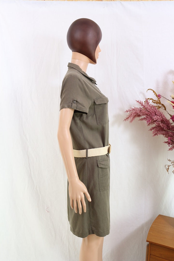 Robe chemisier kaki style militaire poches poitrine ceinture 38 4