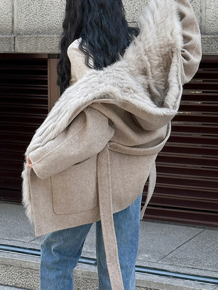 Manteau en laine à capuche et ceinture, coupe ample, uni, pour femme, café 4